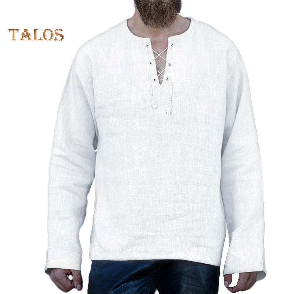 V Neck Long Sleeve Cotton Linen T-Shirt 
