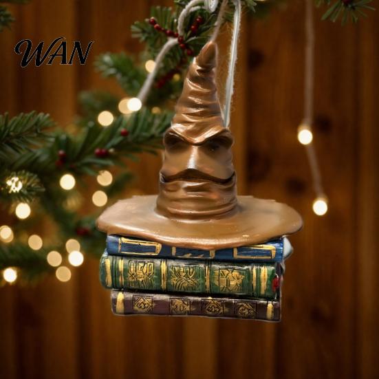 Small Desktop Figurine Sorting Hat Christmas Ornament, Resin Sitting on Book Hanging Home Window Decoration for Xmas Tree, Holiday Party Decor