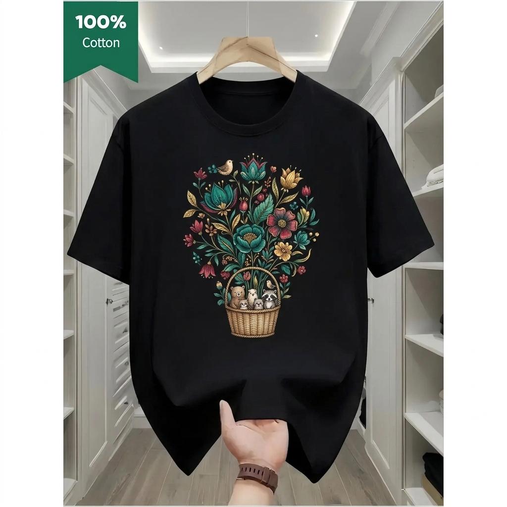 Men s black cotton t-shirt with cute floral basket graphic, short sleeve crew neck loose fit casual wear for daily outdoor activities S чёрный
