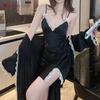 [] Ice silk sexy strap nightdress two-piece set for women, summer private pure and alluring style with padded pajamas for women