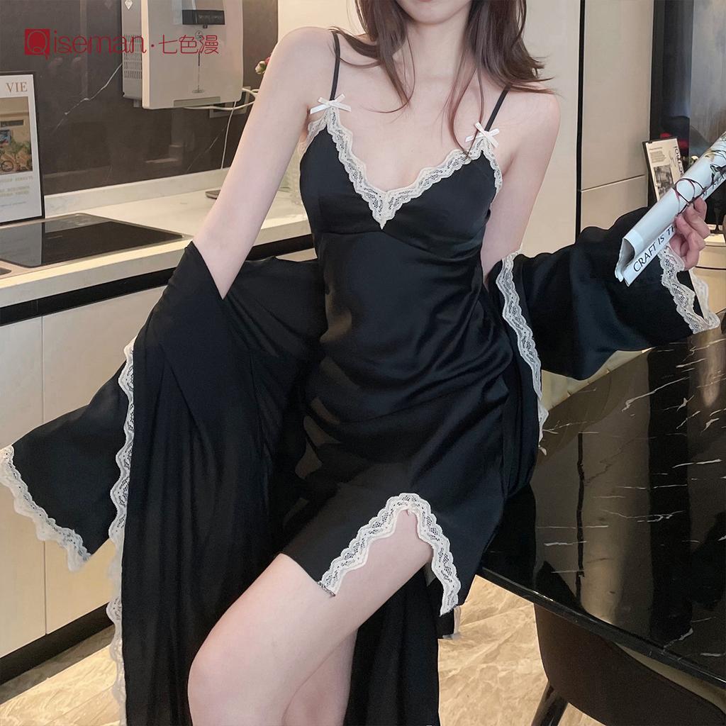 [] Ice silk sexy strap nightdress two-piece set for women, summer private pure and alluring style with padded pajamas for women