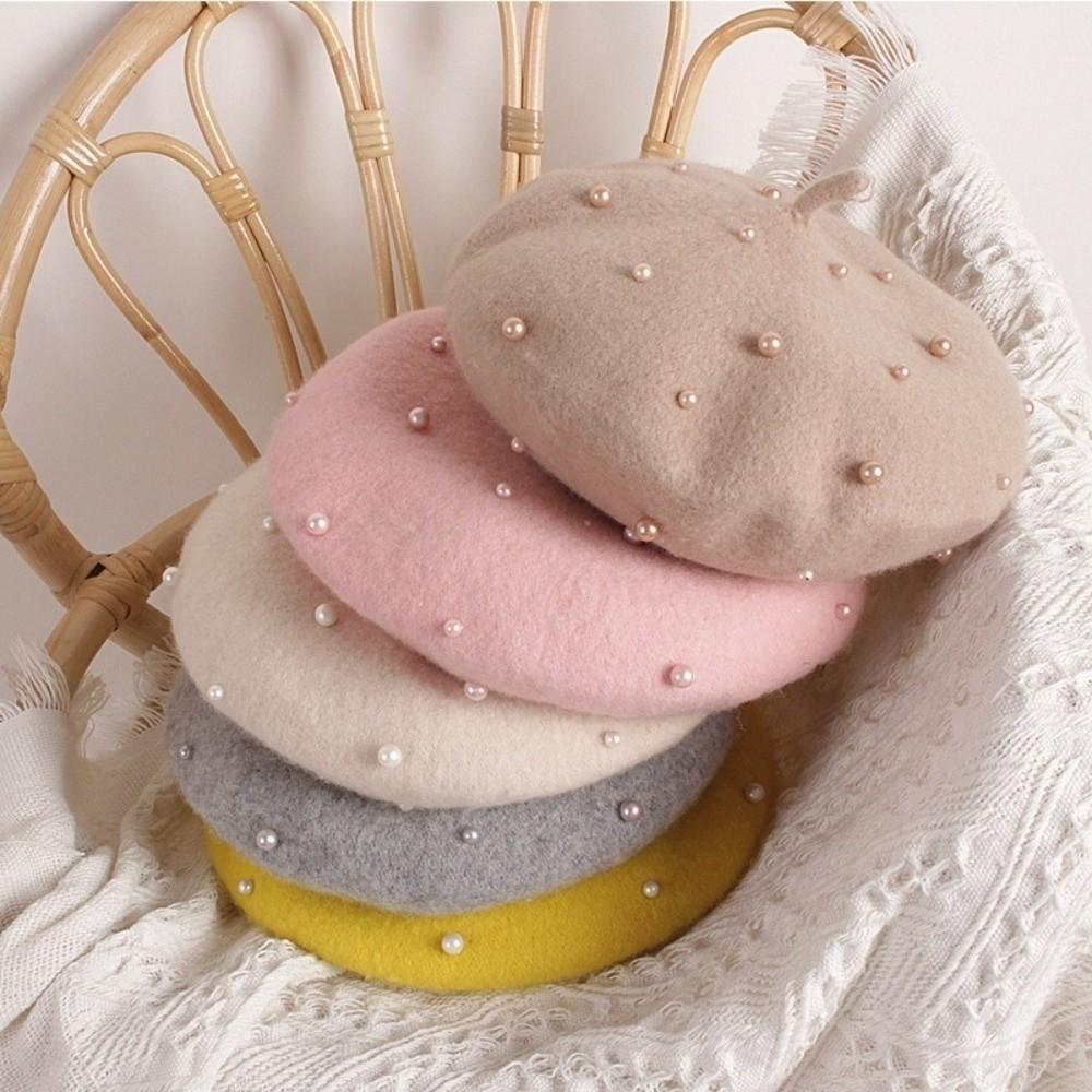 Solid Color Children's Beret Pearl Painter Hat Fashion Baby Wool Hat Kid