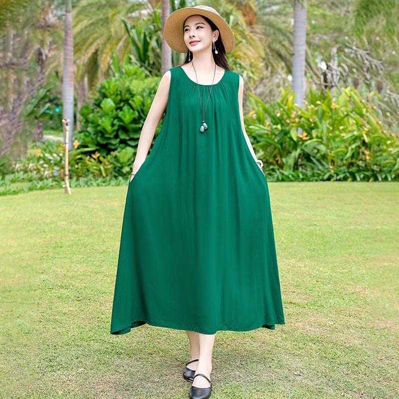 Sleeveless Cotton Dress Summer Loose Plus Size Slimming Vest Vacation Long Dress Elegant Beach