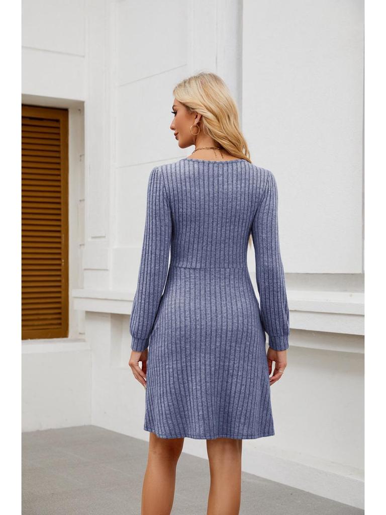 2025 Women's Square Neck Pocket Knit Sweater Dress - Long Sleeve Casual Fashion