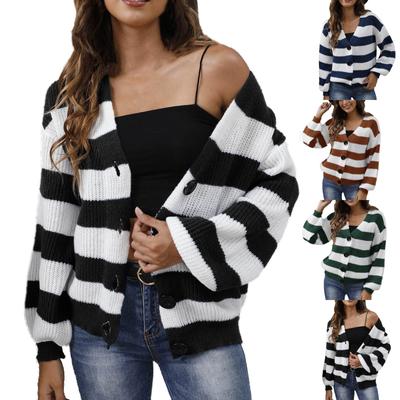 Dámska ležérna módna pohodlná nová pletená bunda sveter s kontrastným pruhovaním a gombíkmi