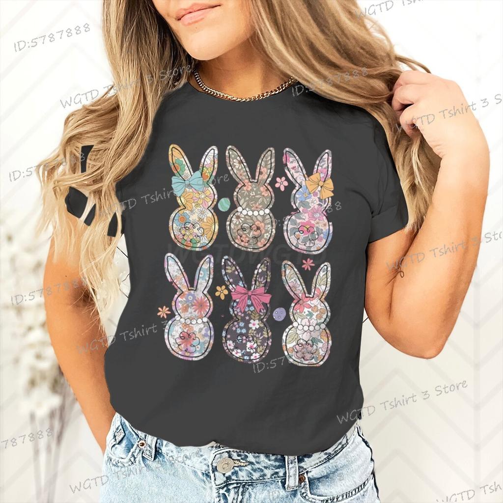 Retro Easter Bunny Floral Design Women Tshirt Graphic Gift for Easter Day Classic Tops Tees Flower Abbit Bunny Vintage T Shirts
