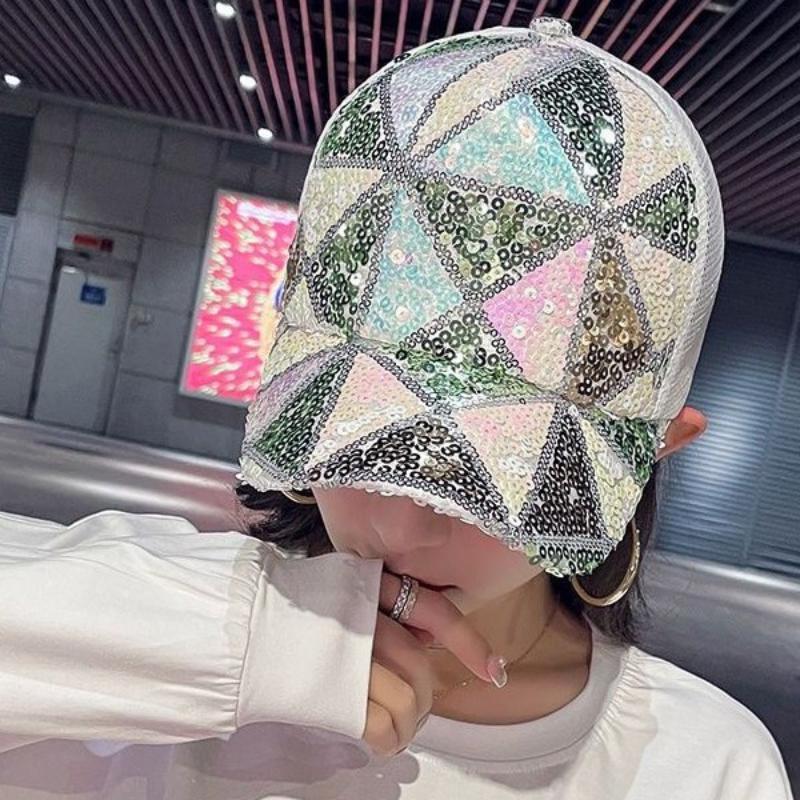 Sparkly Colorful Sequined Baseball Cap Breathable Mesh Back Adjustable Size for Beach Holiday Travel Wear
