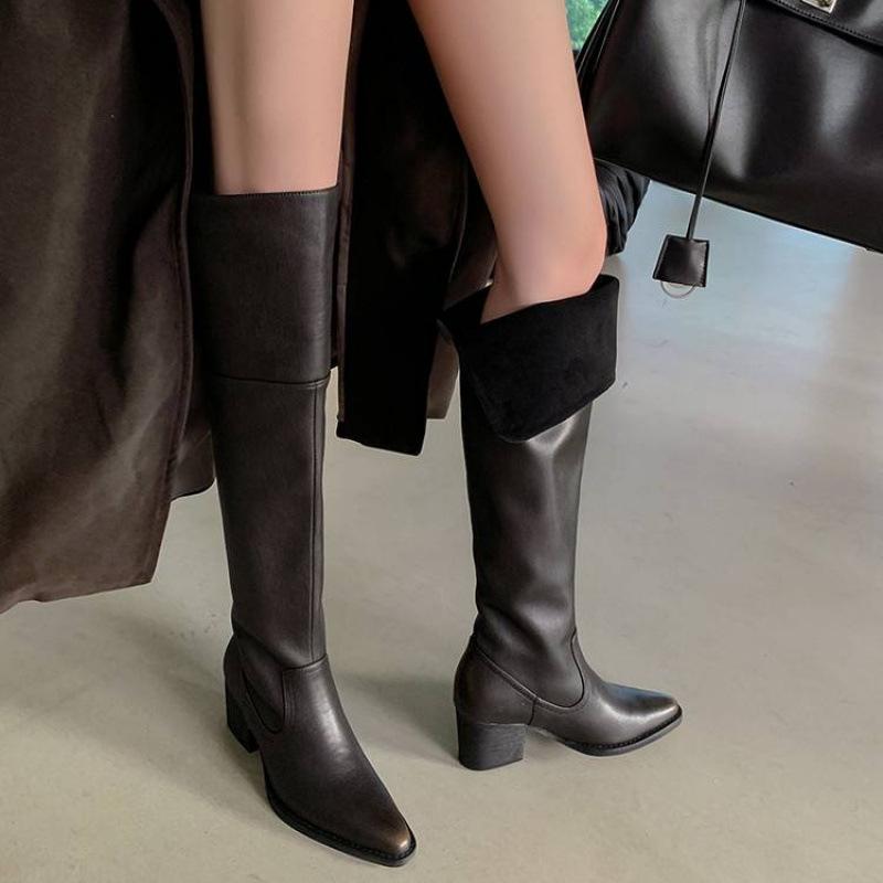 Autumn and winter high-heeled large-size women's boots, genuine leather women's leather boots, cowhide can be folded, wear more square and versati