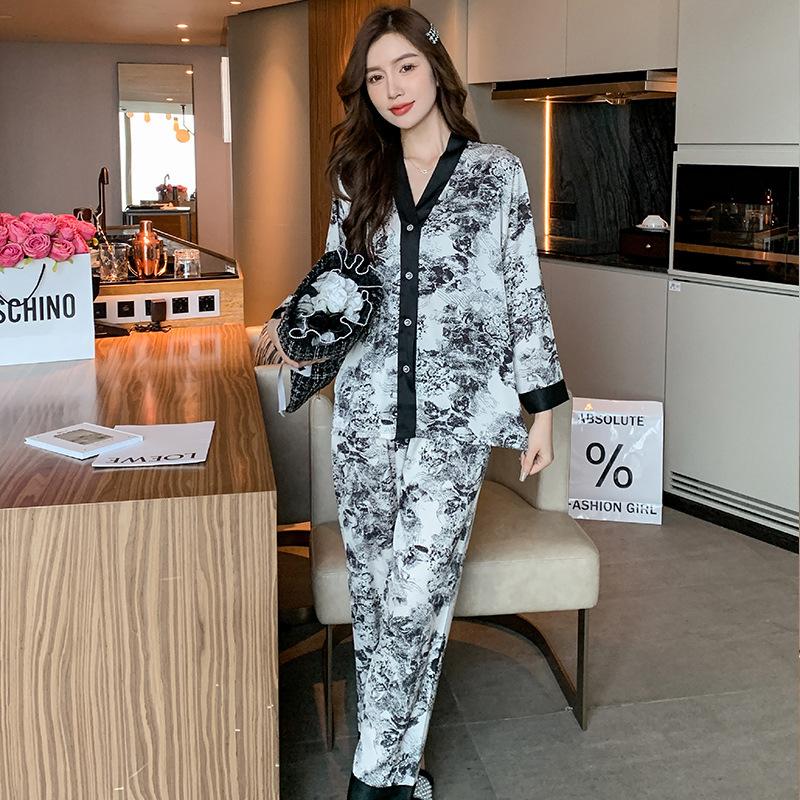 Übergröße Damenmode Frühling und Herbst Bedruckte Homewear 2-teilig V-Ausschnitt Langarm Lange Hosen Pyjama-Set Sommer Dünne Eisseide Loungewear