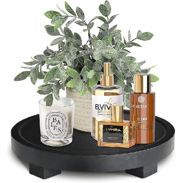 Black Decorative Tray Stand for Bathroom Decor, Wood Tray Risers for Display, Round Serving Tray for Kitchen Decor, Black Tray Soap Holder for