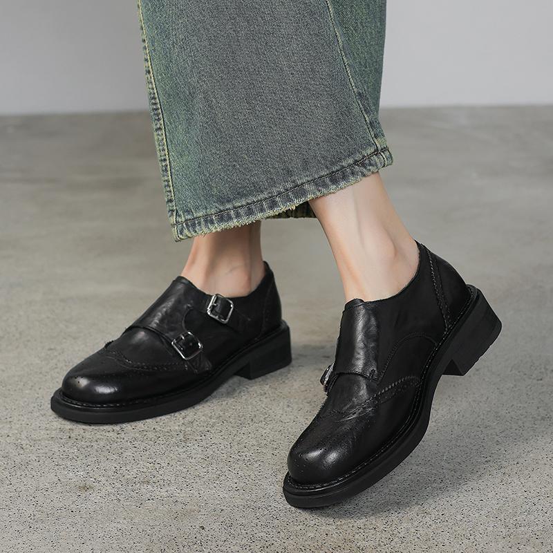 Fashion 2025 Autumn New Women's Shoes Genuine Leather Low-heel Casual Oxford Shoes Woman Block Buckle Loafers Vintage Footwear Pumps