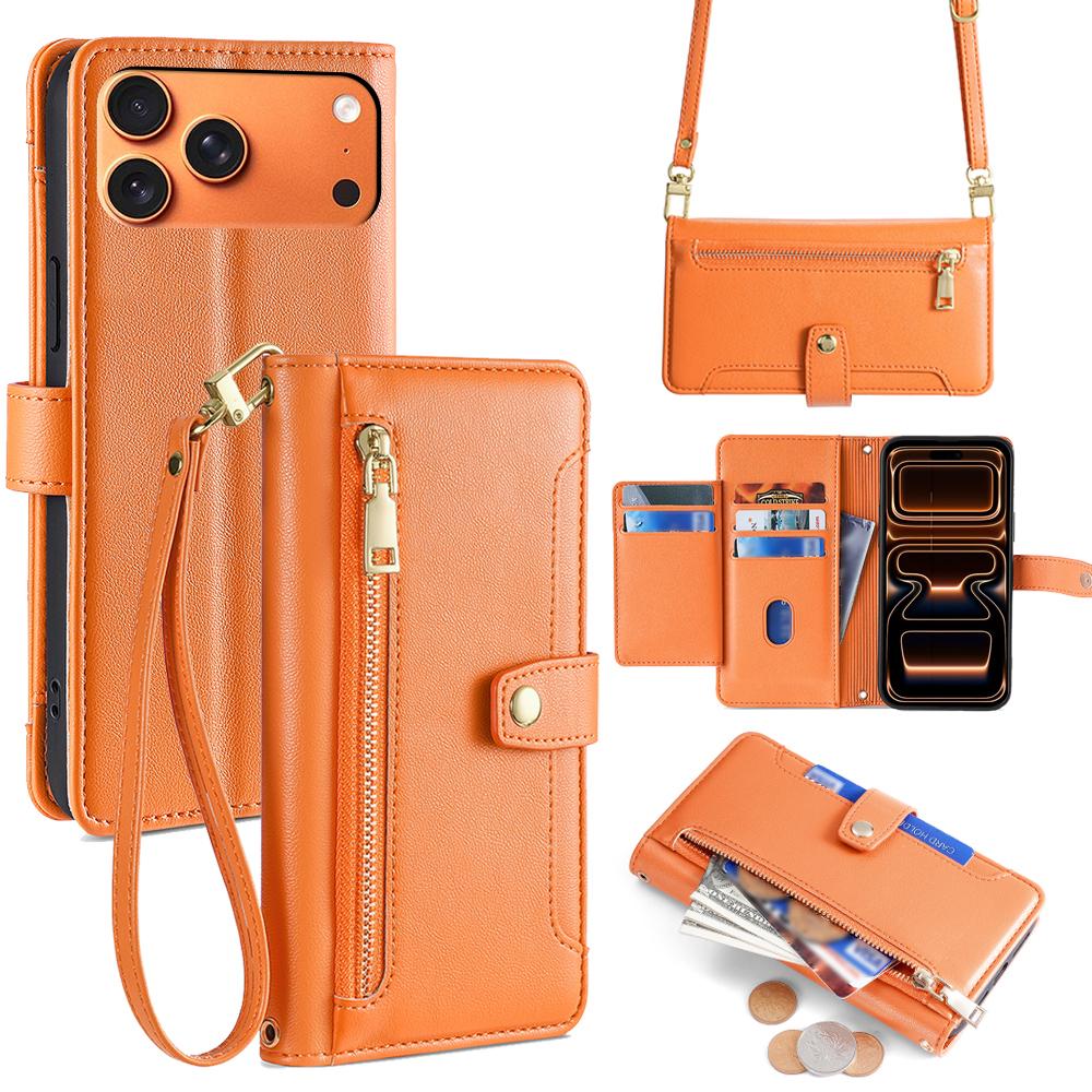 For iPhone 17 Pro Max Leather Case Zipper Pocket Wallet Phone Cover with 2 Straps