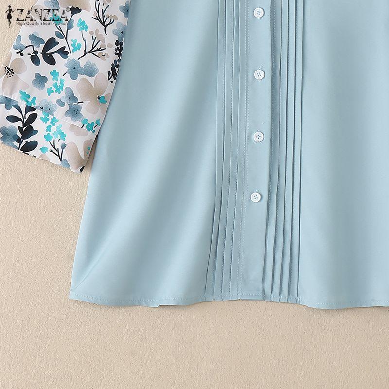 ZANZEA Women Floral Print Splice 3/4 Sleeve Loose Casual Blouse