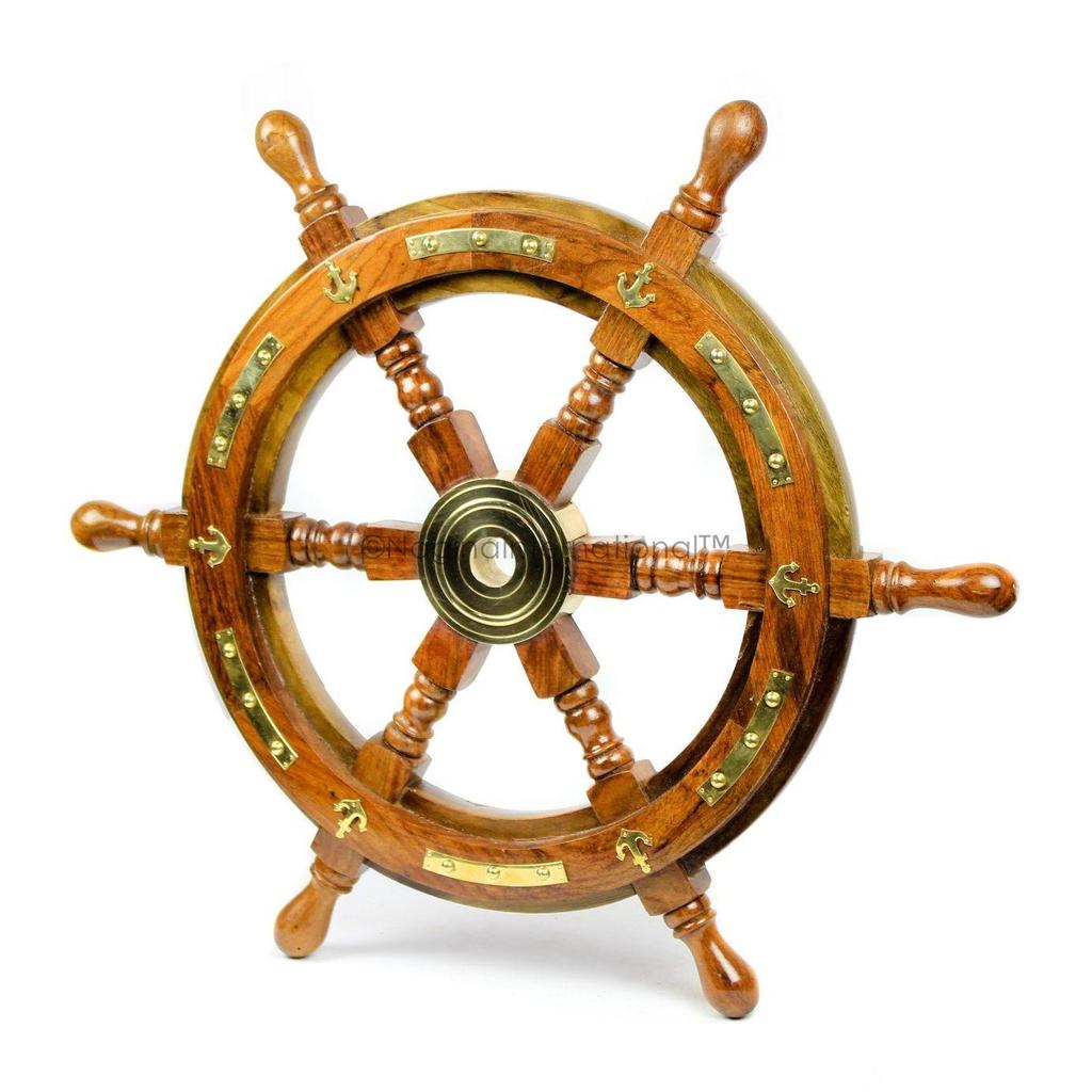 Nautical Premium Sailor's Hand Crafted Brass & Wooden Ship Wheel | Luxury Gift Decor | Boat Collectibles (18 Inches, Anchor & Strip)