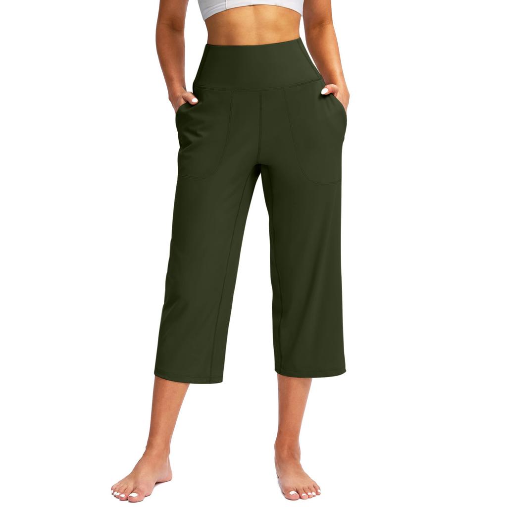 Summer Women Sports Yoga Pants Astic High Waist Casual Active Fit Wide Capris Leg Pants Yoga Leggings Soft Gym Knee Length with Pockets
