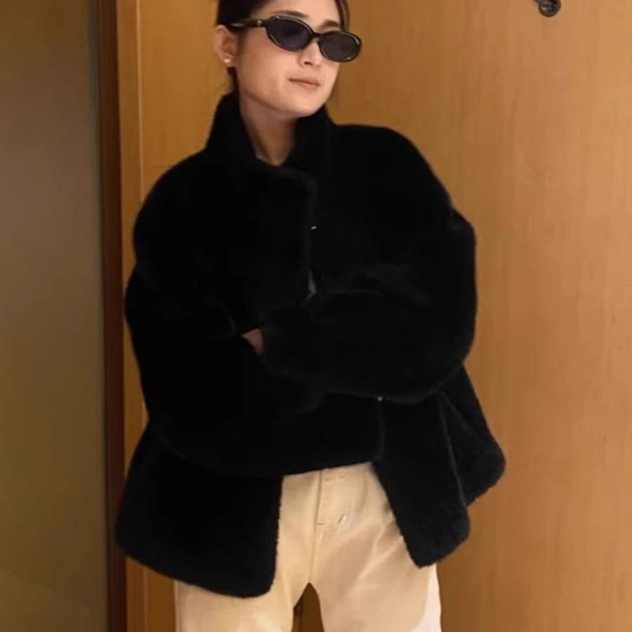 2025 Winter Women's Faux Mink Fur Short Coat with Stand Collar