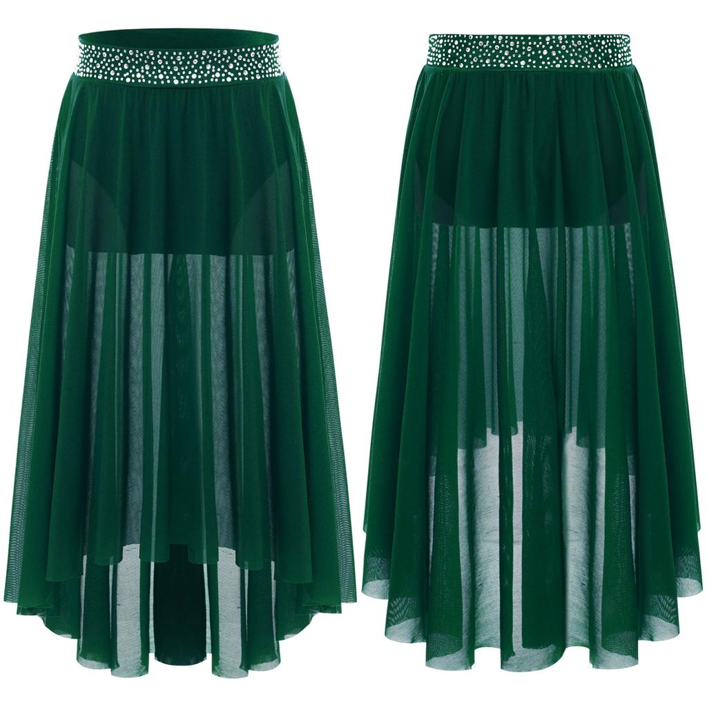 Girls Lyrical Contemporary Modern Dance Skirts Shiny Rhinestones Waistband Side Slit High Low Irregular Mesh Skirt Performance Costume