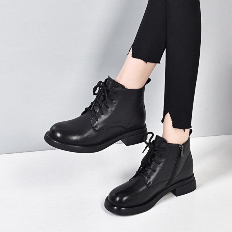 Martin boots flat leather soft-soled small short boots autumn and winter single boots British style round head and ankle boots velvet women