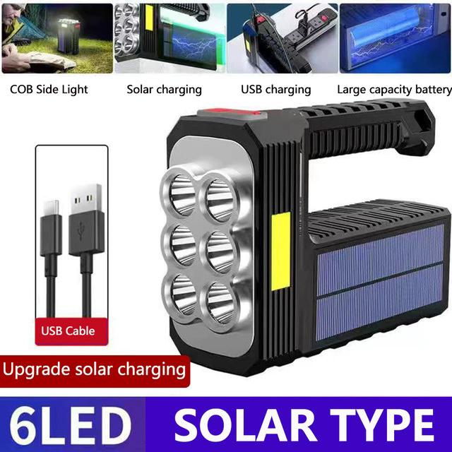 Outdoor Camping Searchlight 8LED Bulbs Solar Charging Handheld Flashlight USB Charge Portable Lamp 4 Bright Lighting Modes