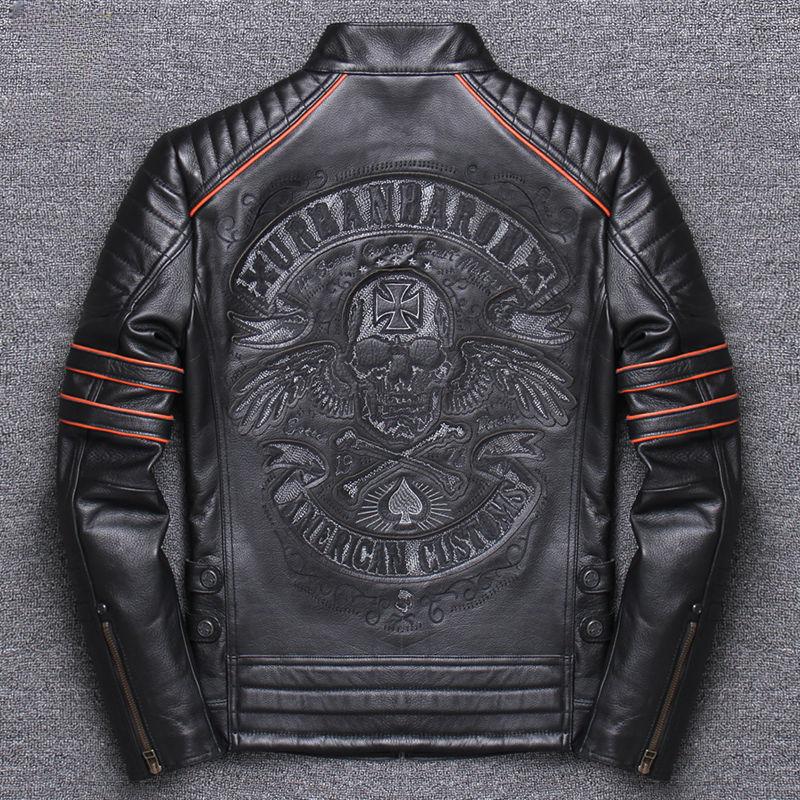 Wiosenne zimowe kurtki z prawdziwej skóry męskie płaszcze prawdziwa skóra bydlęca stojak kołnierz haftowana czaszka wąskie kurtki Punk wysokiej jakości