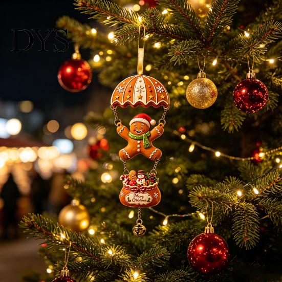 Holiday Wall Hanging Decor Christmas Skydiving Santa Claus/Gingerbread Man Ornament, 2D Flat Wooden Pendant with Festive Tree Pendants String and Bell