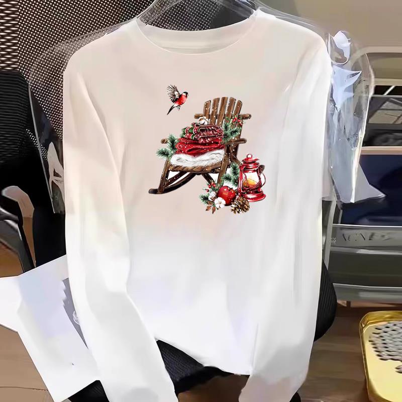 (Asian Size) holiday trend Print T Shirt Graphic Tee Women merry Christmas new year Casual Fashion Top o-neck Clothing Long Sleeve T-shirts
