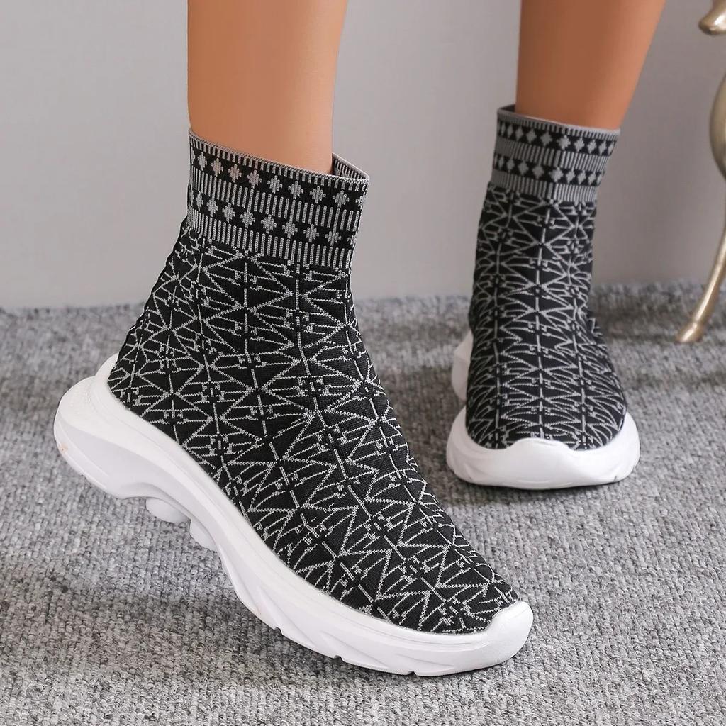 Fashion Fashion Chunky Platform Boots for Women  Autumn Slip-On Elastic Knitted Ankle Boots Woman Mid-calf Boots Sock Shoes 2024