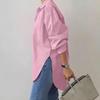 Women's Oversized Lapel Shirt - Elegant Long-Sleeve, Solid Color, Slit Hem for Spring and Autumn