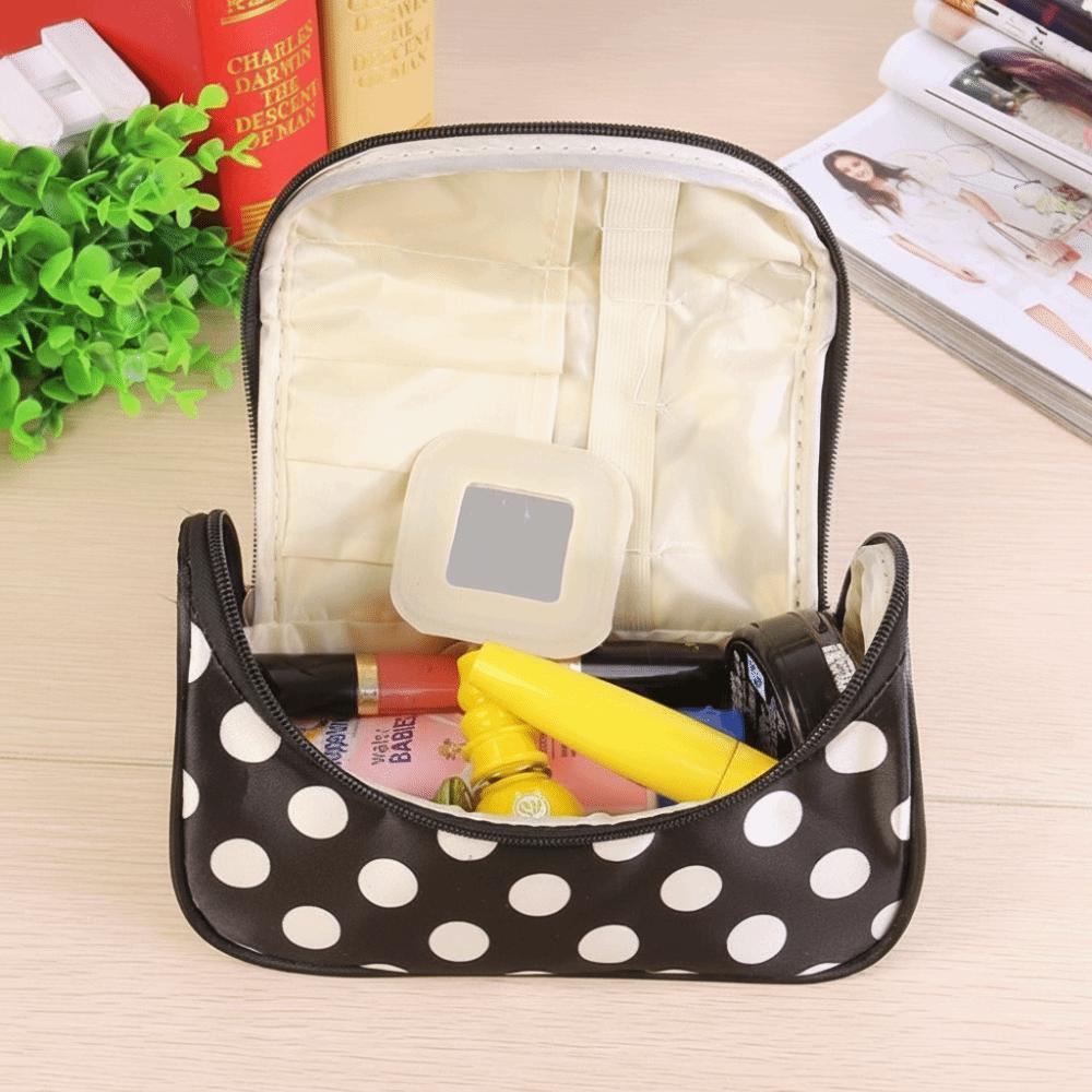 Fashionable Portable Makeup Bag Korean Style Polka Dot Pattern Cosmetic Storage Bag Flip Design Large Capacity Handbag