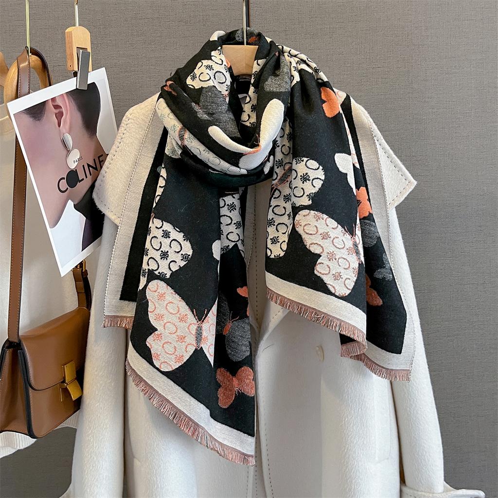185*65cm Tassel Scarf Autumn/Winter Warm Scarf Women's Butterfly Print Imitation Cashmere Thick Shawl Warps Coldproof Blanket
