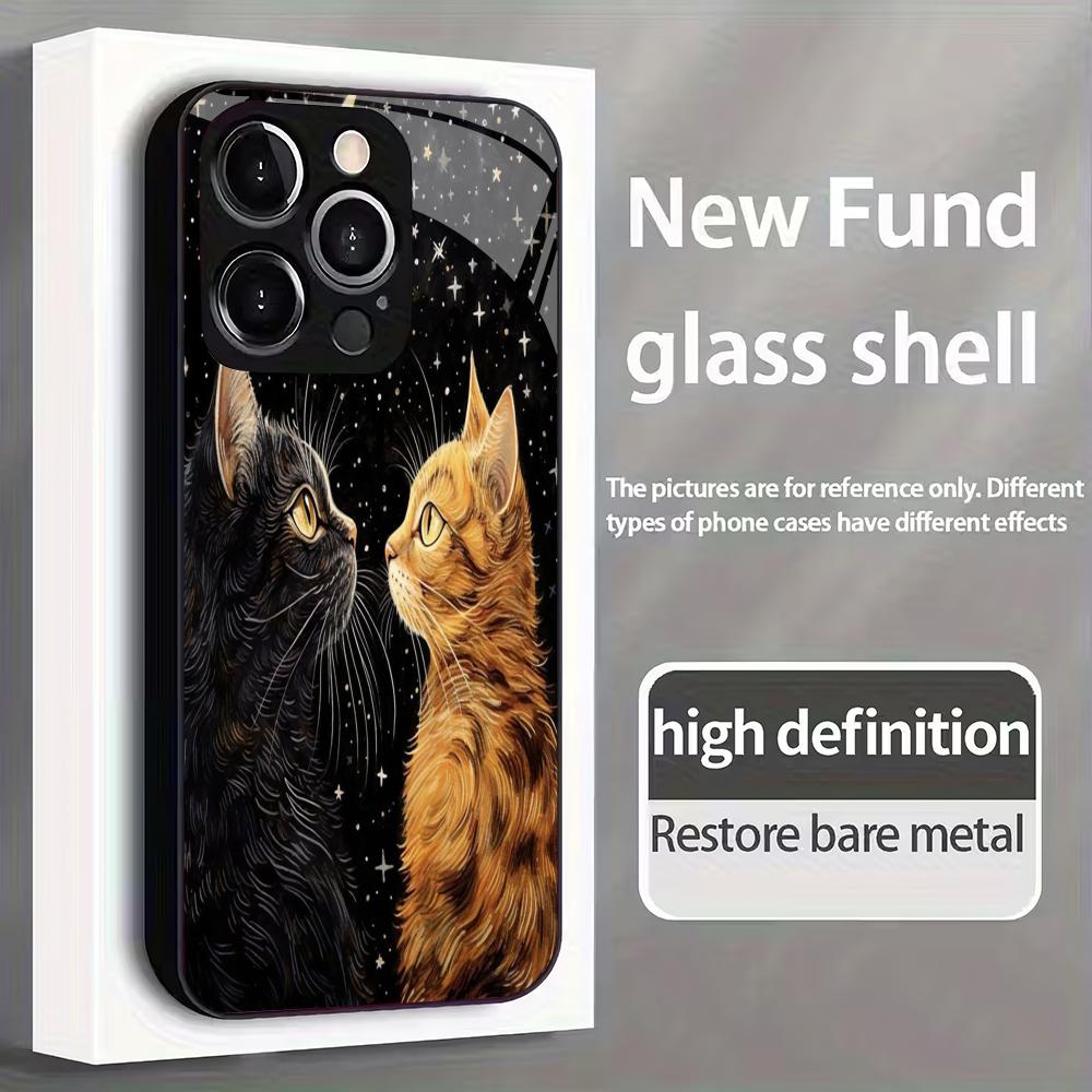 Süße Katze gehärtetes Glas Handyhülle für iPhone 17/16/15/14/13/12/11 Pro Max All-inclusive Anti-Fall und Stoßfest Rückseite
