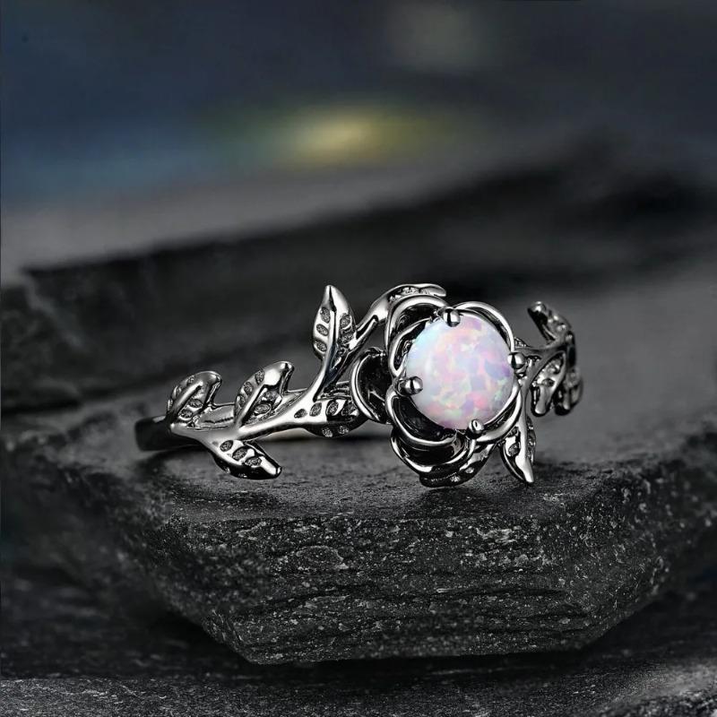Inlaid Moonstone Rose Flower Rings Women Fashion Ring Romantic Attractive Rings for Women Vintage Metal Inlaid Ring Jewelry