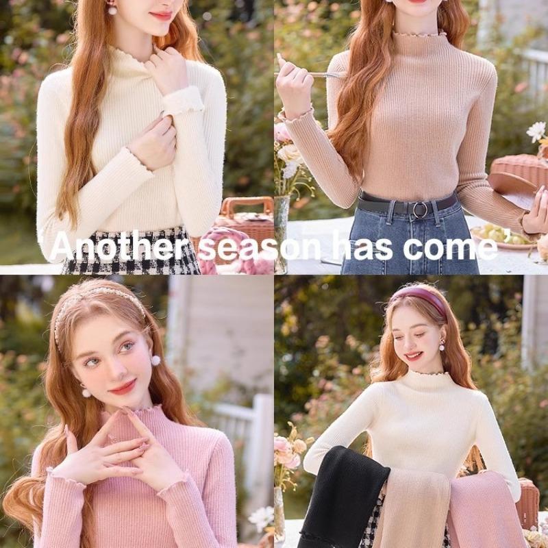 Semi-turtleneck White Thickened Fleece Knitted Bottoming Shirt Women's New Autumn and Winter Small Sweater Top