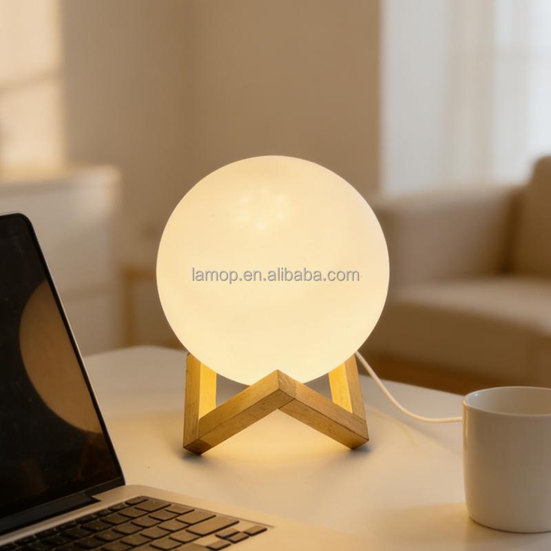 White Frosted Round Ball Night Light with Wooden Stand for Homestay Tabletop and Bedroom Bedside Ambient Decoration