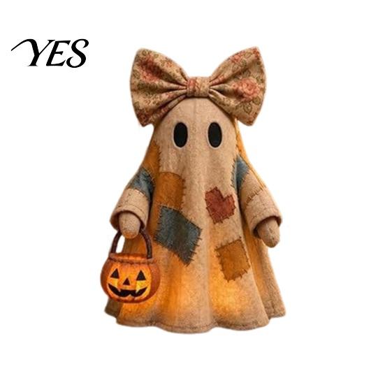 Warm Glow Decoration Light Halloween Lighted Patchwork Ghost Figurine, Light-Up Bow with Pumpkin Vintage Figurine Lantern, Ghosts Lamp for Holiday