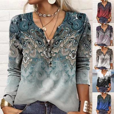 2023 Autumn/Winter European & American Women's Long-Sleeve Ethnic Print Fashion T-Shirt