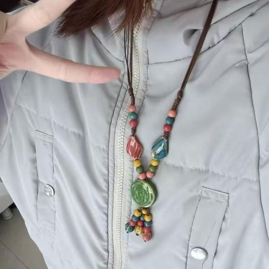 New Chinese ethnic style retro bohemian Jingdezhen ceramic braided rope necklace high-end female Zen accessories