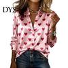 Party Shirt Tops Women Silk Glossy Fabric Lapel Long Sleeve Heart Print Blouse Loose Fit Button Down Romantic Date Night Casual Comfortable Soft
