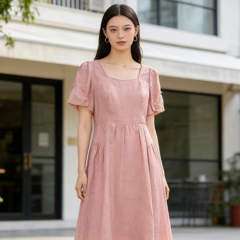 Summer Square Neck Waist-Cinching Midi Dress
