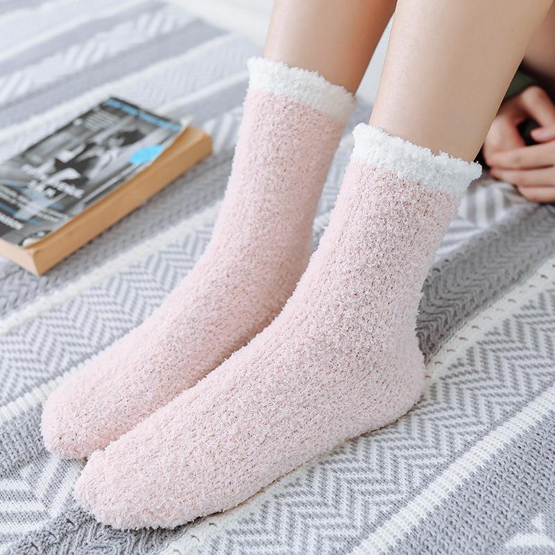 Women's Coral Fleece Mid-Calf Wool Socks for Autumn & Winter - Cozy Cable Knit, Home and Sleep Socks
