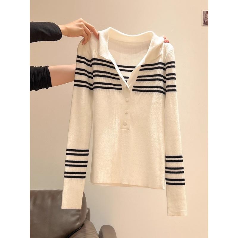 A New Autumn Women's Striped Half-lapel Top with A Unique Design Sense, Long-sleeved Knitted Base Layer