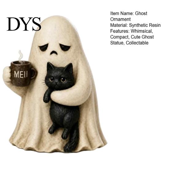 Ghost Holding Cat Statue Meh Mood Figurine, Cute Black Vintage Statue, Halloween Tabletop Ornament for Home Office Decor Resin