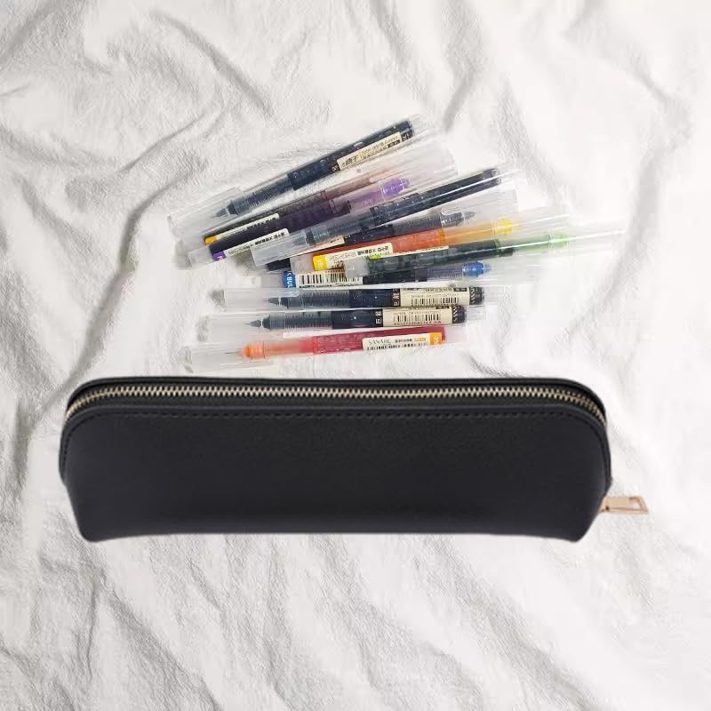 PrimeBlis Slim Pencil Large PU for Students and Adults Case, Lightweight, Anti-Loss, Capacity, Leather, (Black, Medium)