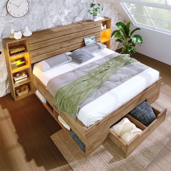 Double Bed High Durability Spacious Storage Space Sturdy Construction Built-in Charger Heavy Duty Strong Wood Slat Support Bed for