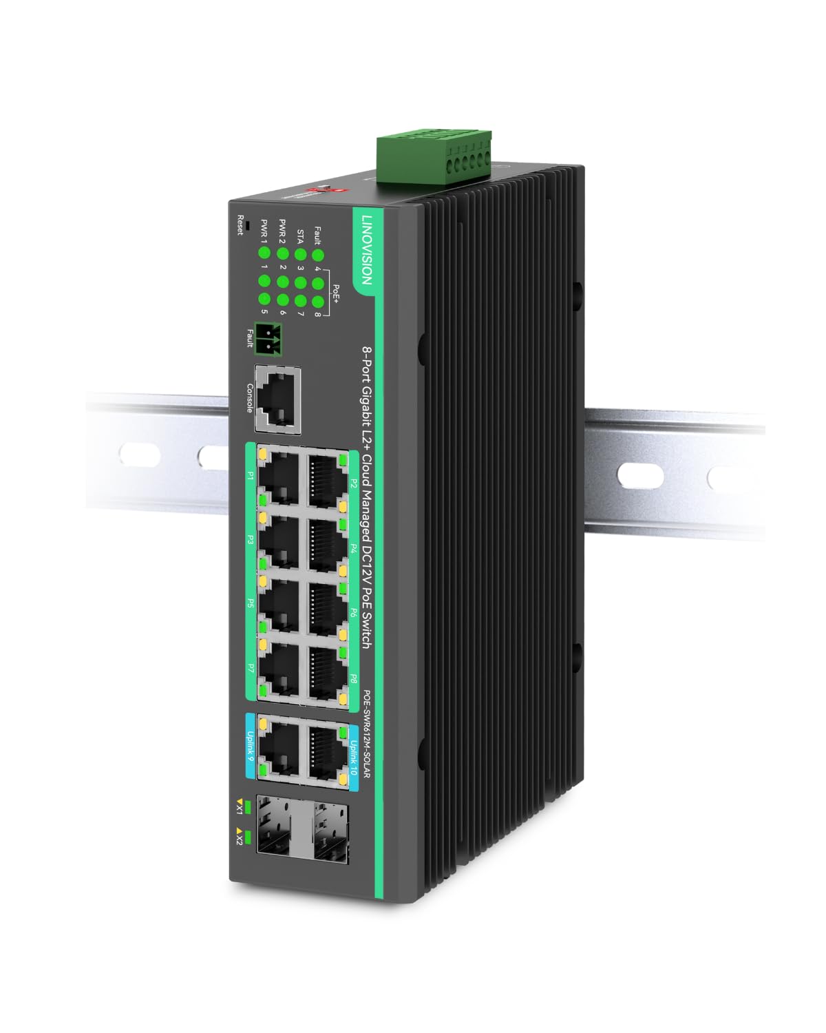

LINOVISION Industrial 12 Port Cloud Managed PoE Redundant Power Full Gigabit Solar PoE 12V PoE Switch with Relay Total PoE Budget 240W L2+ Switch,