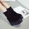 Winter Fashion Platform Black Boots Wedges Women's Botas Height Increasing Ankle Boots Knit Collar Chunky Heel Shoes for Women