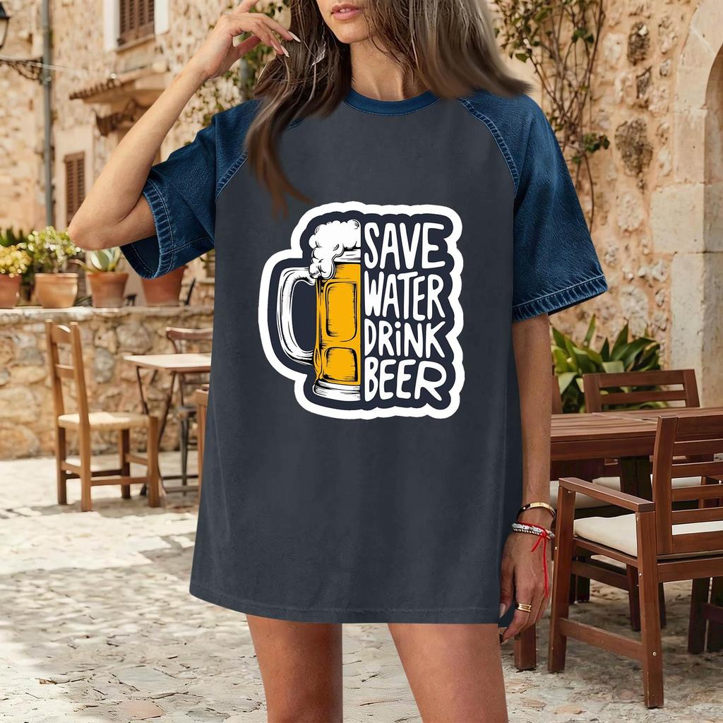 Casual Women Denim Patchwork Oktoberfest Graphic T Shirt Comfortable Short Sleeve Loose Fit Top for Daily Wear