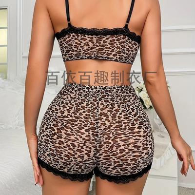 Sexy Leopardendruck Hosenträger einfarbiger Anzug Pyjama, Loungewear