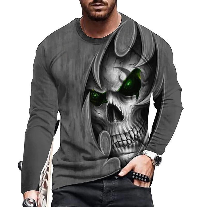 Trendy Skull Retro Casual Crew Neck T-Shirt Men'S Long Sleeve 3D Digital Printing