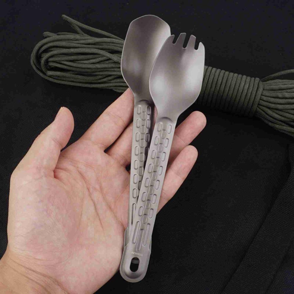 Long Handle Portable Eating Utensil Pure Titanium Lightweight Dinner Spork  Camping Spoon
